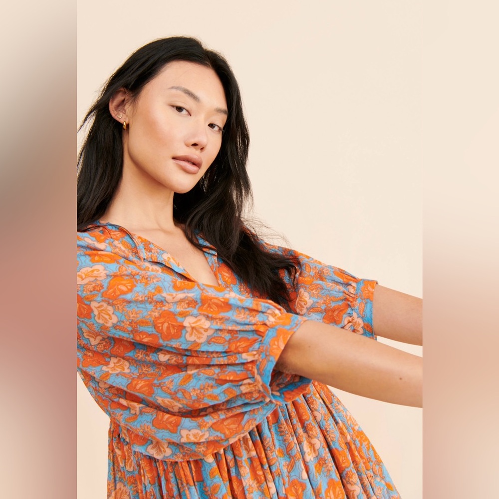 SUNDRY FLORAL MINI SHIFT DRESS SIZE 2 (MEDIUM) SLEEVES ORANGE AND BLUE - Picture 3 of 16